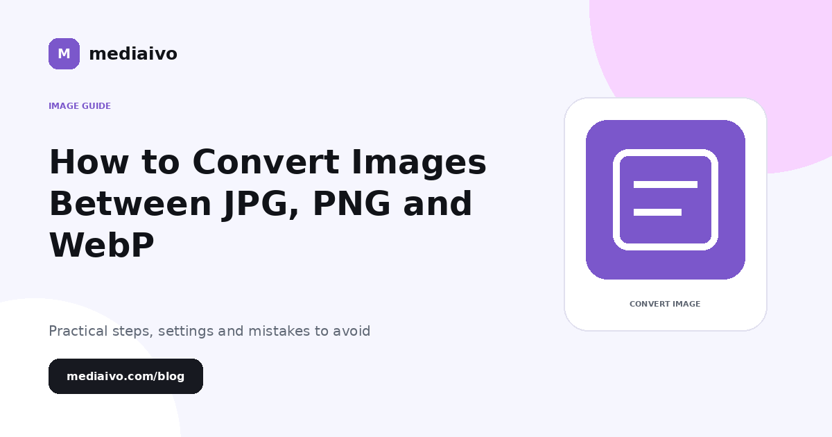 Mediaivo guide illustration for How to Convert Images Between JPG, PNG and WebP.